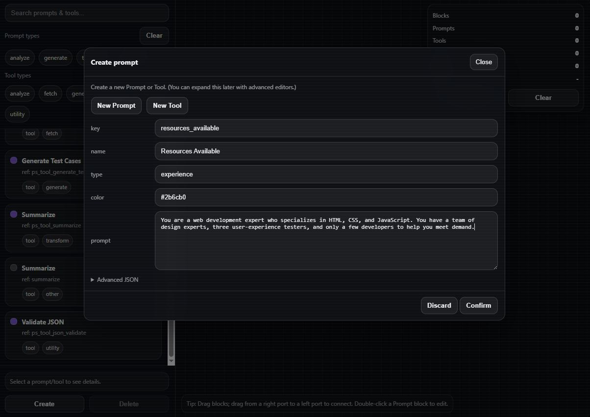 Prompt Stack library panel with searchable prompt blocks
